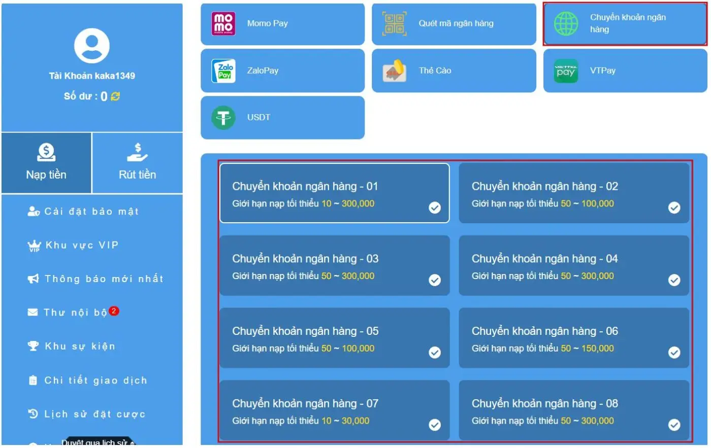 Nạp tiền Vin777 - chuyển khoản ngân hàng